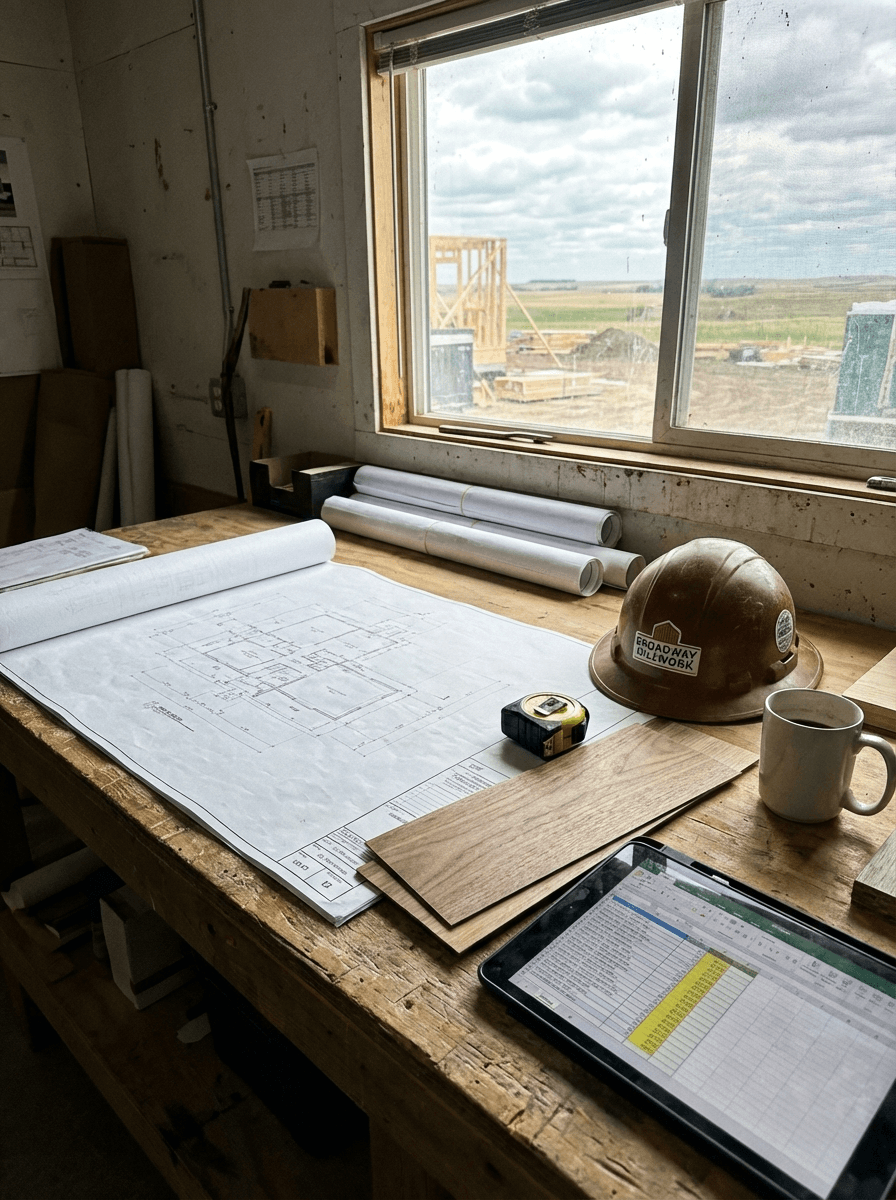 Broadway Millwork project manager reviewing blueprints for Saskatchewan commercial millwork Saskatoon