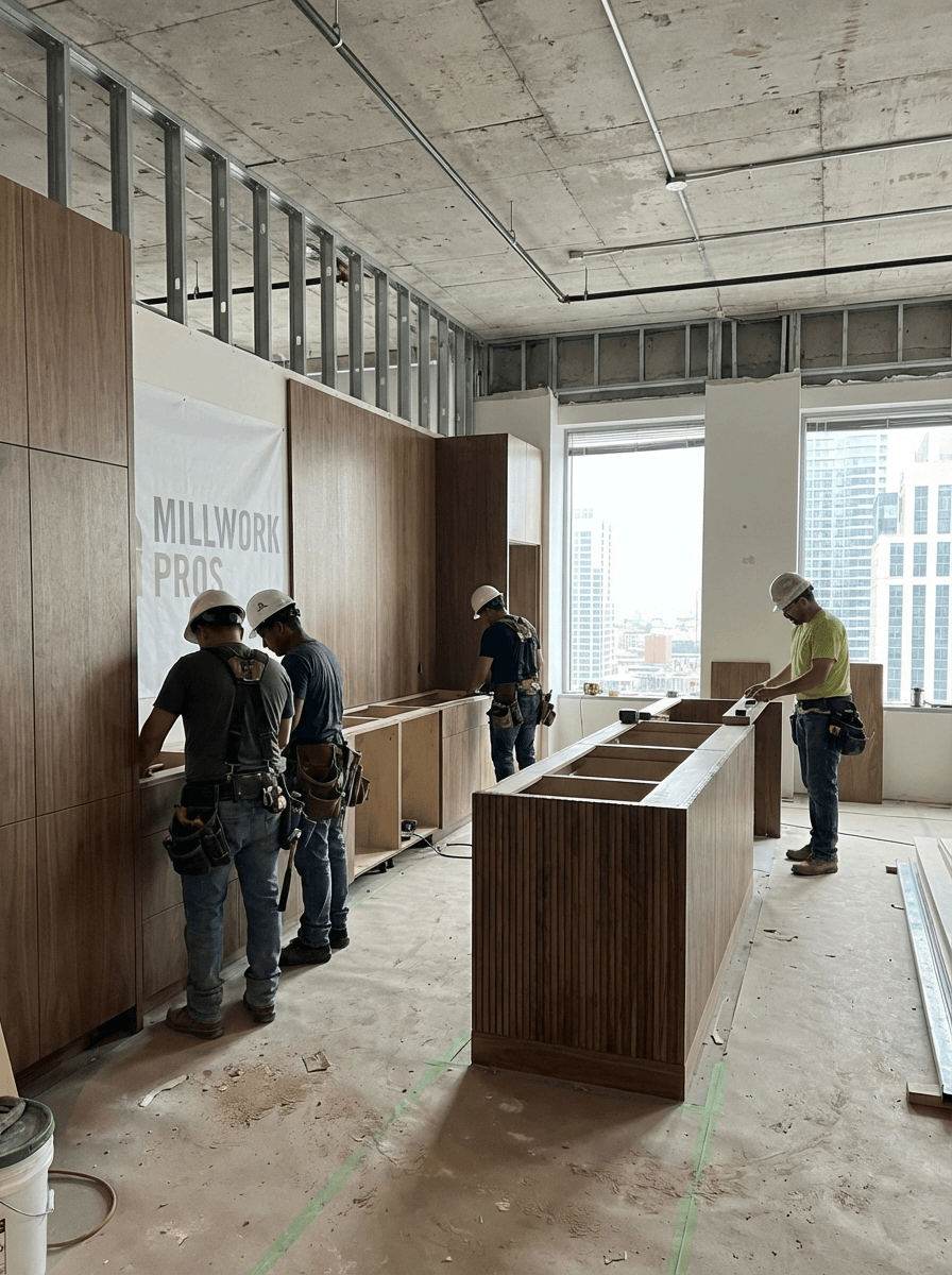 Commercial cabinet installation in Saskatoon in progress with installers working on wooden cabinets in office space