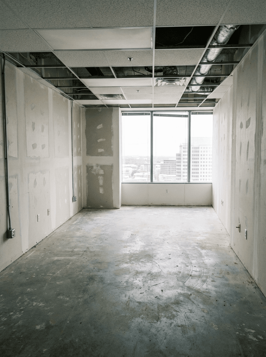 Empty commercial office room ready for cabinet installation in Saskatoon with cleared space, bare walls and flooring