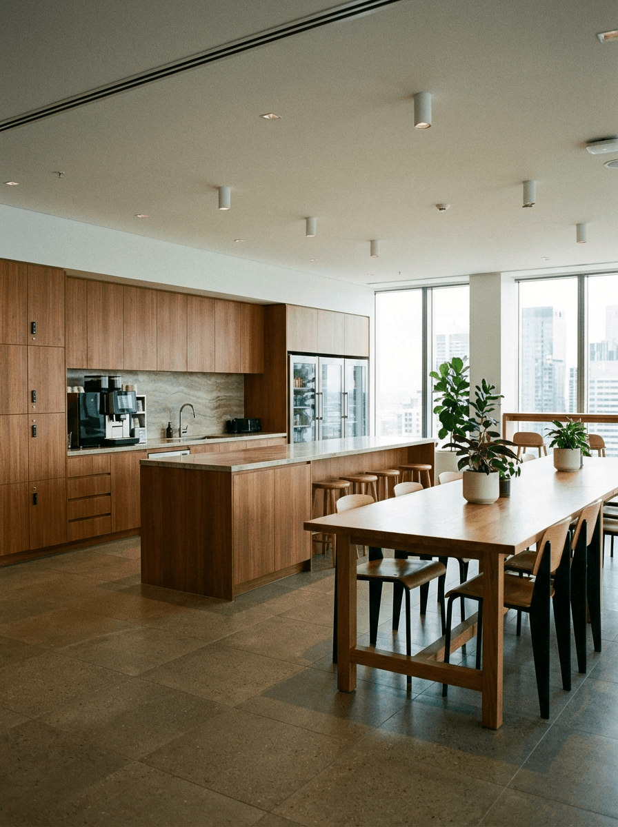 Corporate office break room with wooden cabinets and storage, professional commercial cabinet installation in Saskatoon
