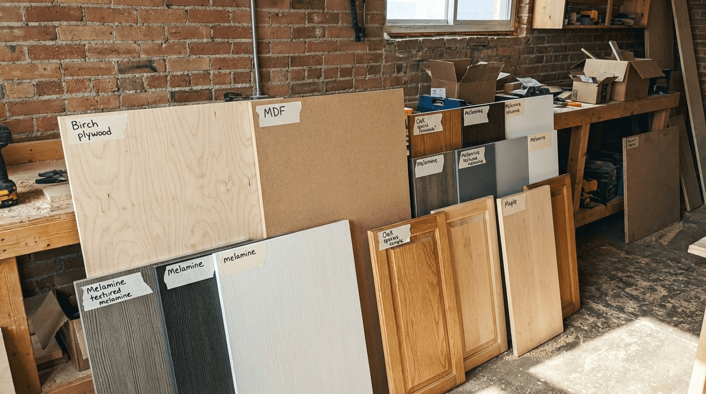 Commercial grade plywood, MDF, and melamine cabinet materials display at Broadway Millwork in Saskatoon Saskatchewan for professional commercial cabinetry projects