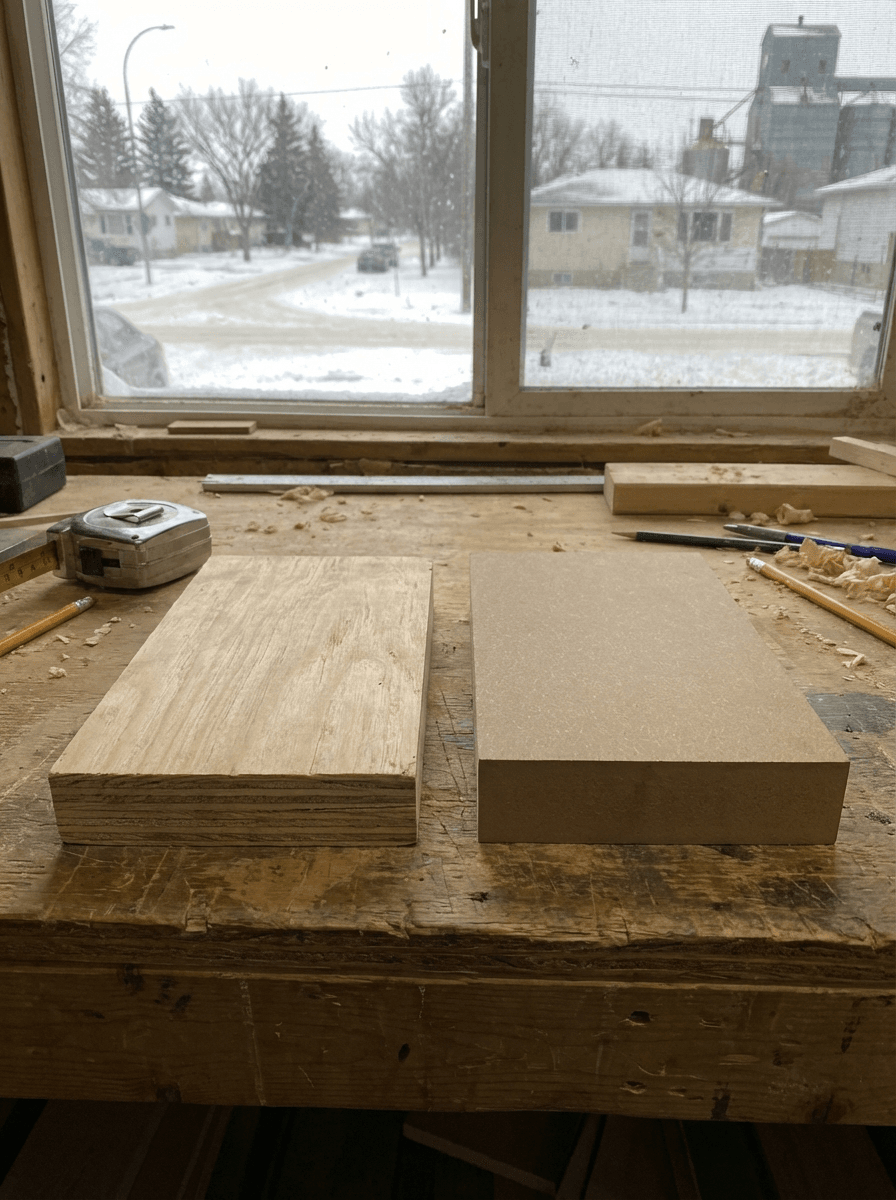 Commercial grade plywood vs MDF cabinet materials comparison at Broadway Millwork in Saskatoon Saskatchewan for commercial woodworking projects
