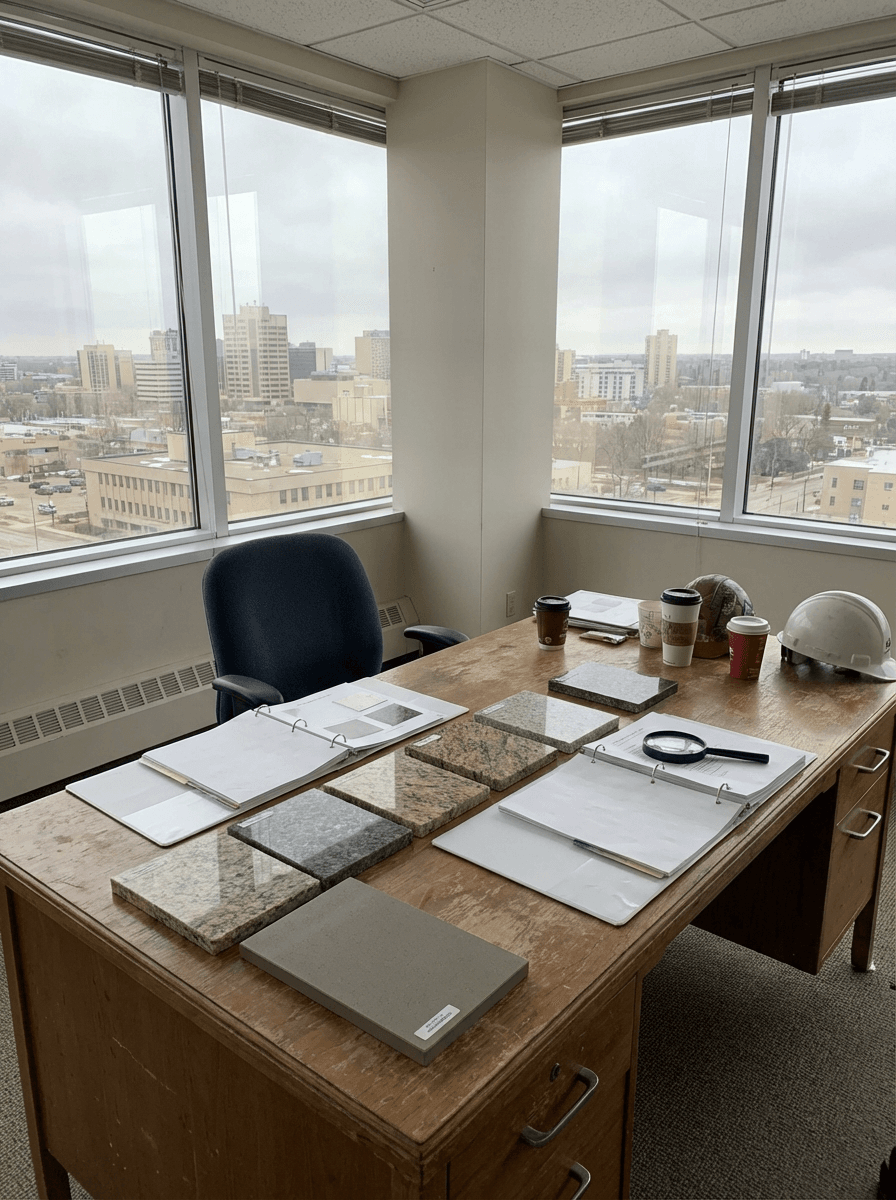 Businessman choosing commercial countertop materials for office renovation by Broadway Millwork in Saskatoon, SK