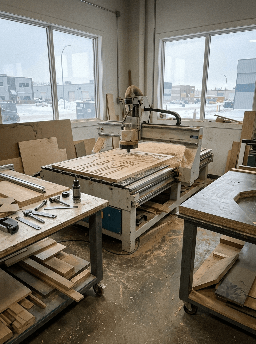 CNC precision manufacturing equipment at Broadway Millwork in Saskatoon Saskatchewan for accurate millwork production
