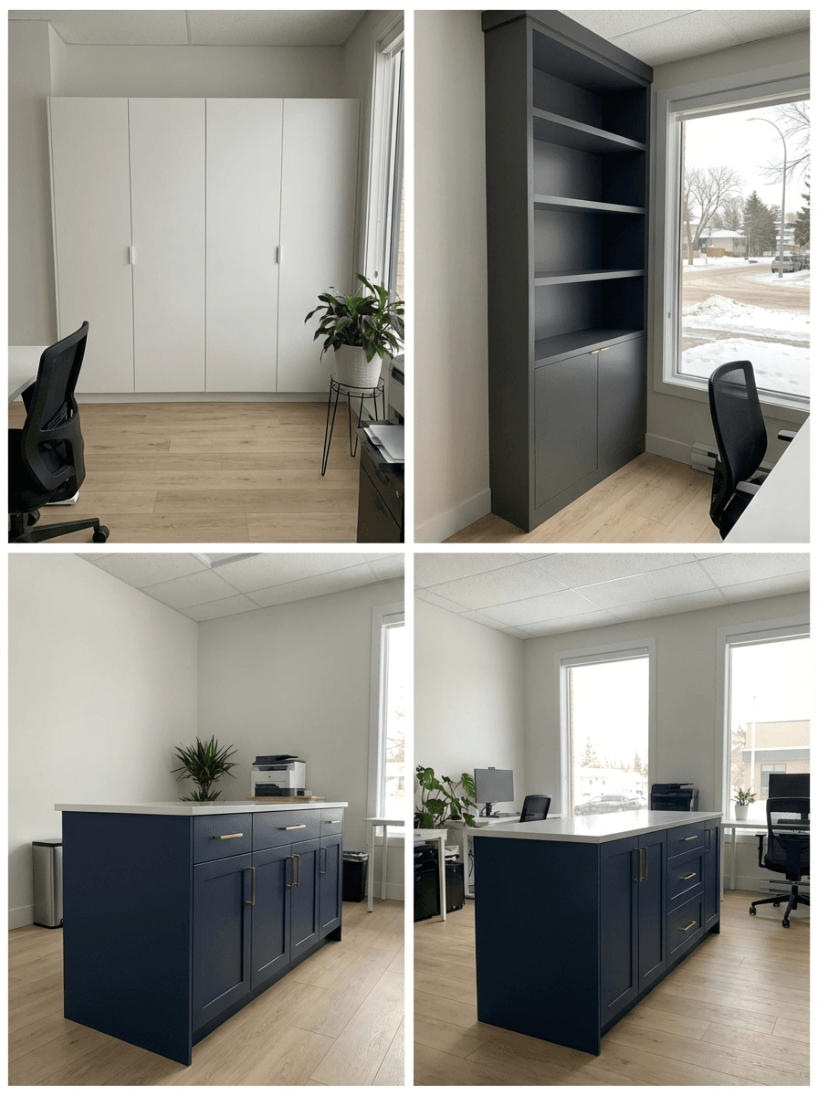 Modern cabinet color trends Broadway Millwork Saskatoon Saskatchewan contemporary white gray navy blue office cabinetry
