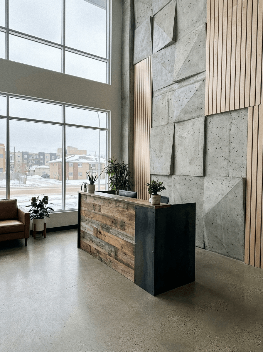 Commercial reception desk and wall paneling by Broadway Millwork in Saskatoon Saskatchewan for modern office interior design