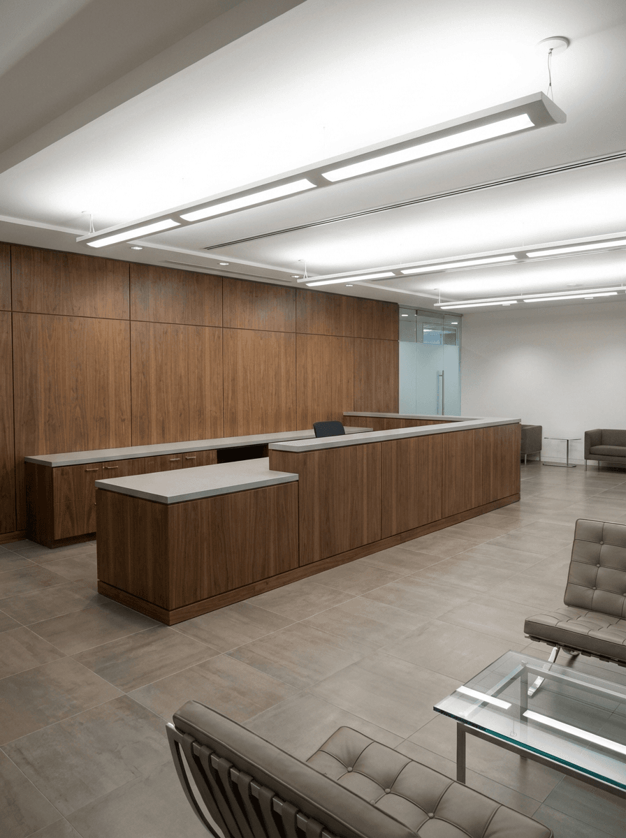 Professional corporate office lobby featuring custom-built wooden reception desk with wood paneling and laminate countertops, bright overhead fluorescent lighting