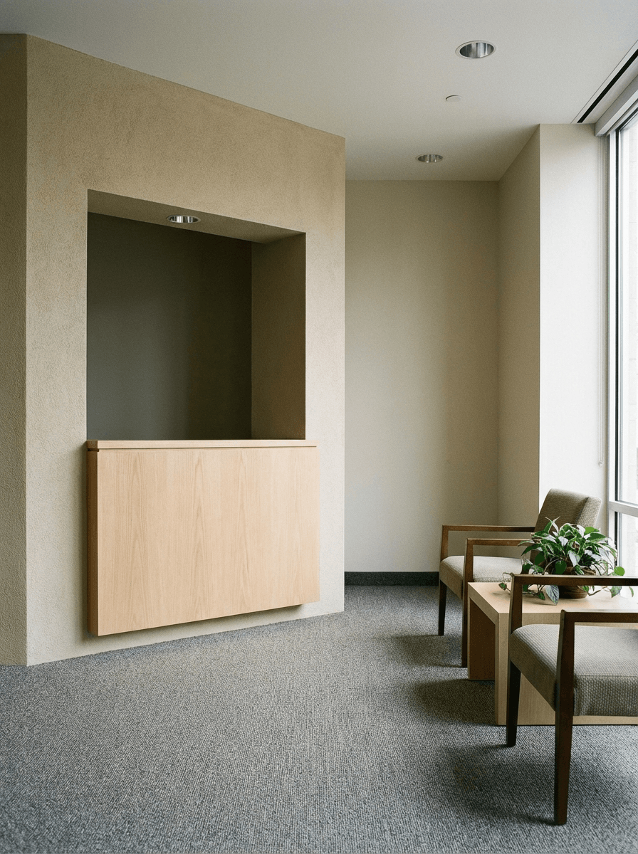 Plain professional office lobby with simple wooden reception counter built into the wall, neutral walls and carpet flooring