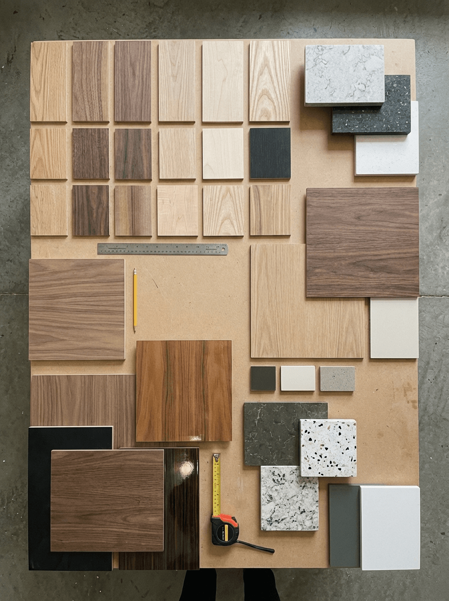 Flat lay display of wood laminate samples, wood veneer panels, and solid surface countertop pieces in various wood grains and finishes