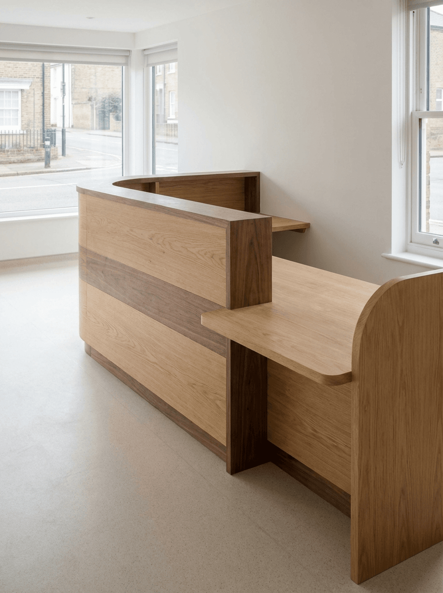 Medical clinic reception area with custom wooden desk, clean healthcare interior with vinyl flooring, white walls, and accessibility counter height