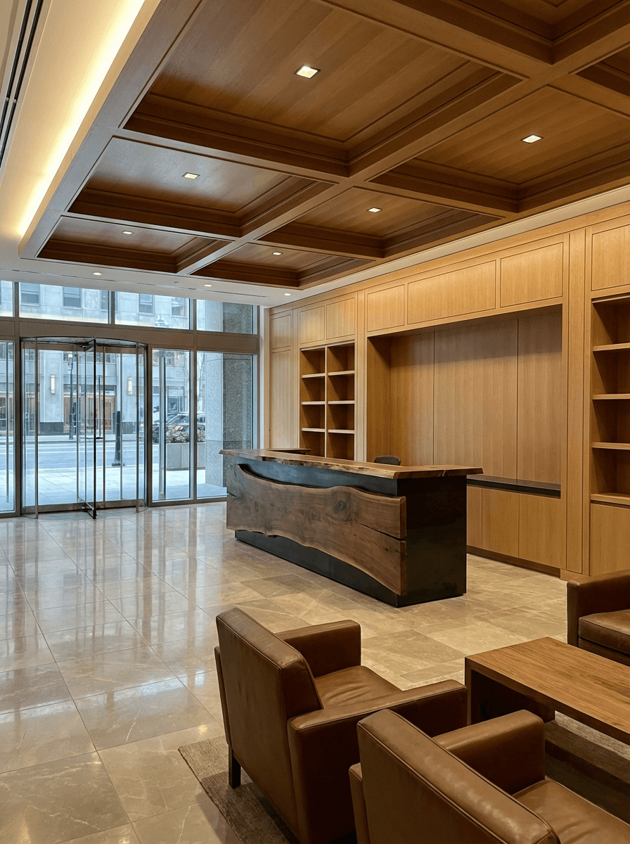 Executive corporate office lobby with custom wooden reception desk, glass entrance doors, tile flooring, and coordinated wood millwork throughout
