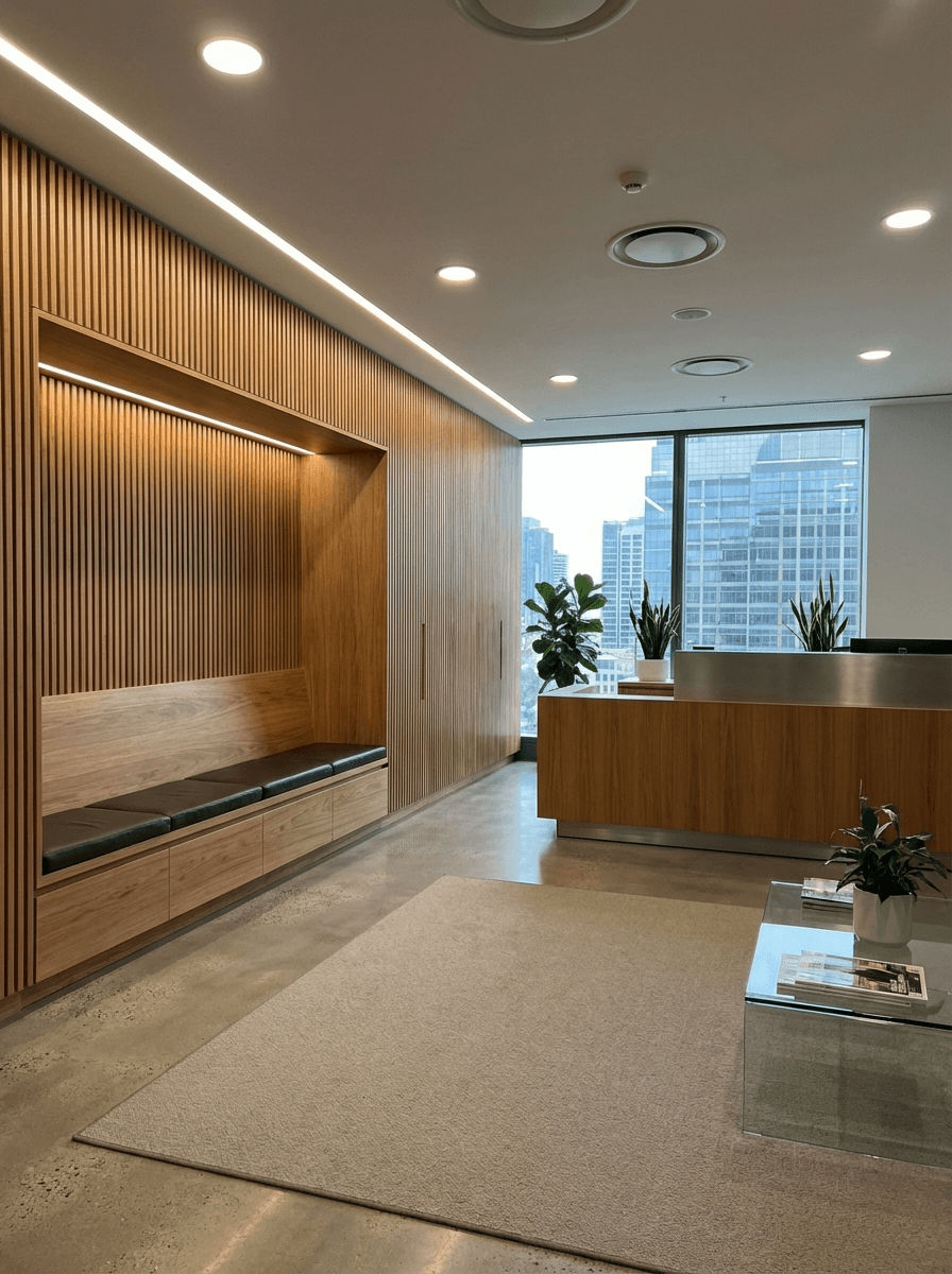 Corporate office waiting area with wooden reception bench and matching wood paneling, professional commercial interior with recessed lighting