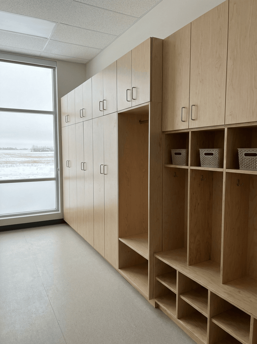Classroom storage cabinets and teacher storage walls in Saskatoon - school cubbies and supply storage and school cabinets