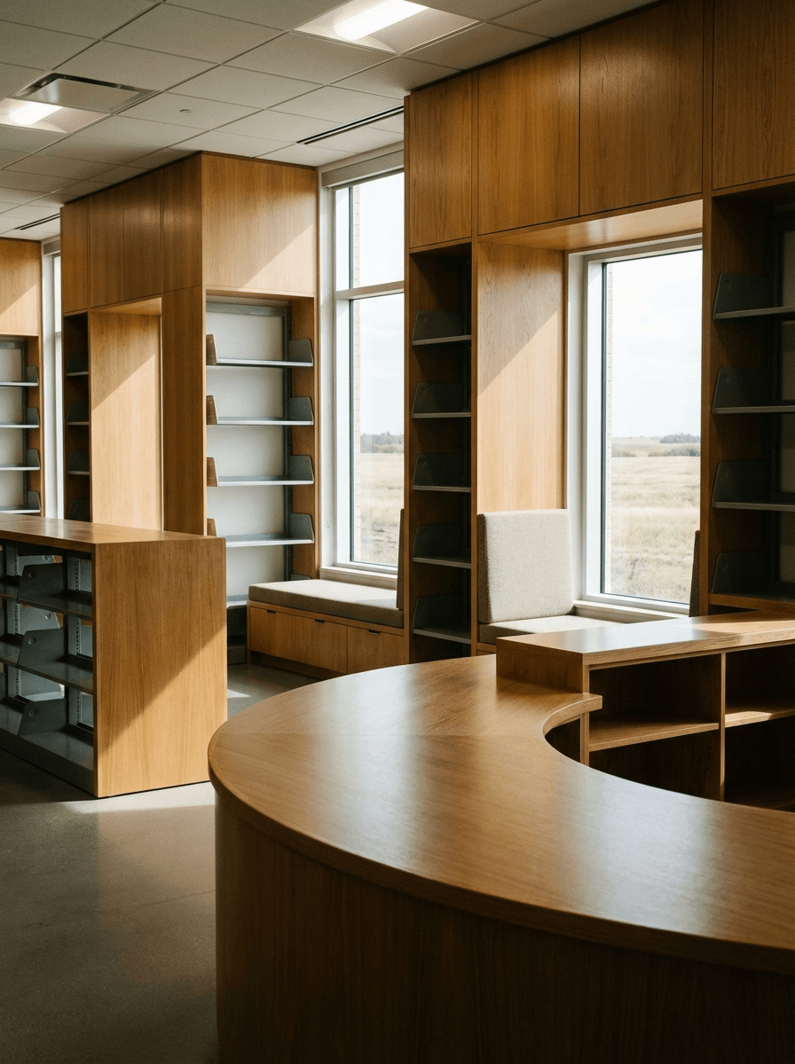 Custom library shelving and circulation desks in Saskatoon - school cabinets in library millwork