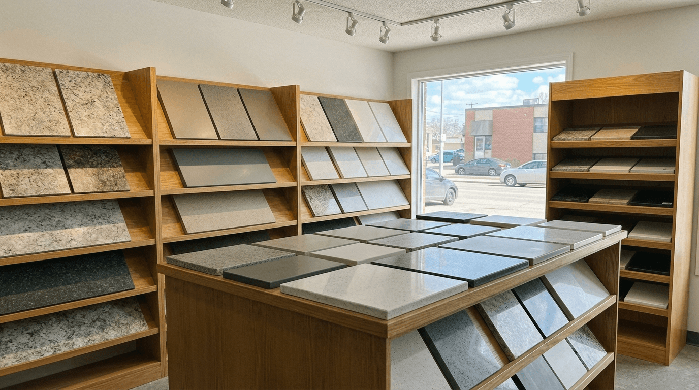 Commercial countertop materials comparison featuring laminate, solid surface, and quartz samples by Broadway Millwork in Saskatoon, SK