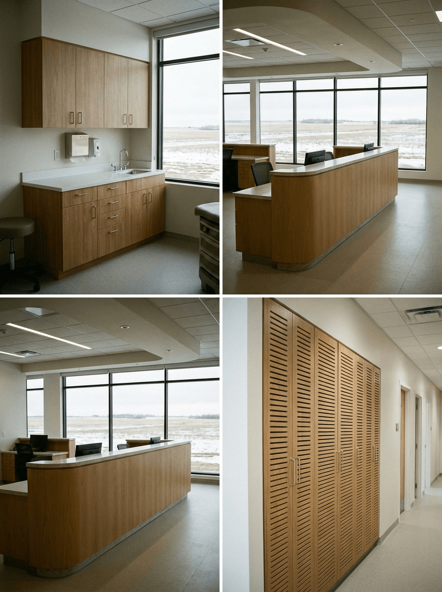 Custom exam room cabinetry and nursing station reception desks in Saskatoon - healthcare storage solutions