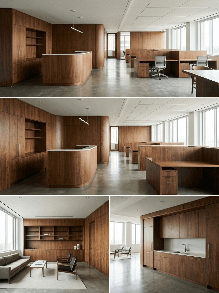 Professional commercial office in saskatoon with custom wooden cabinets and millwork throughout, multiple areas showing storage, reception, and workspace
