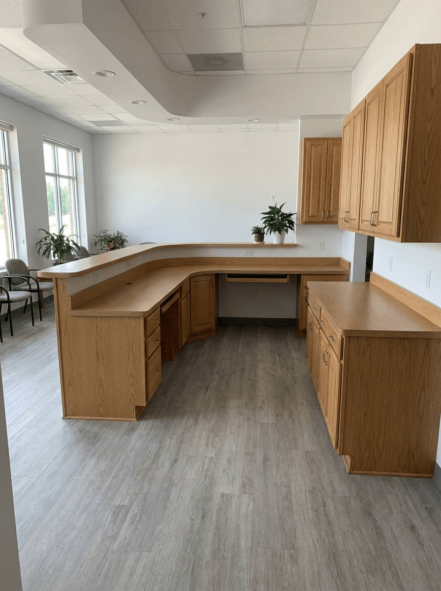 Medical clinic reception area in saskatoon with wooden cabinets and countertops, clean healthcare interior with vinyl flooring and white walls