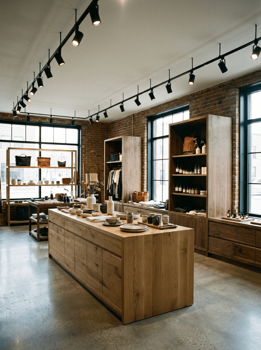 Retail store in saskatoon with wooden display cabinets and product shelving, commercial retail interior with track lighting