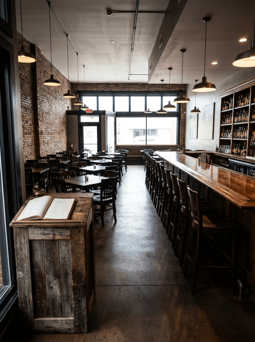 Restaurant dining area with wooden host station and bar counter, commercial hospitality interior in saskatoon