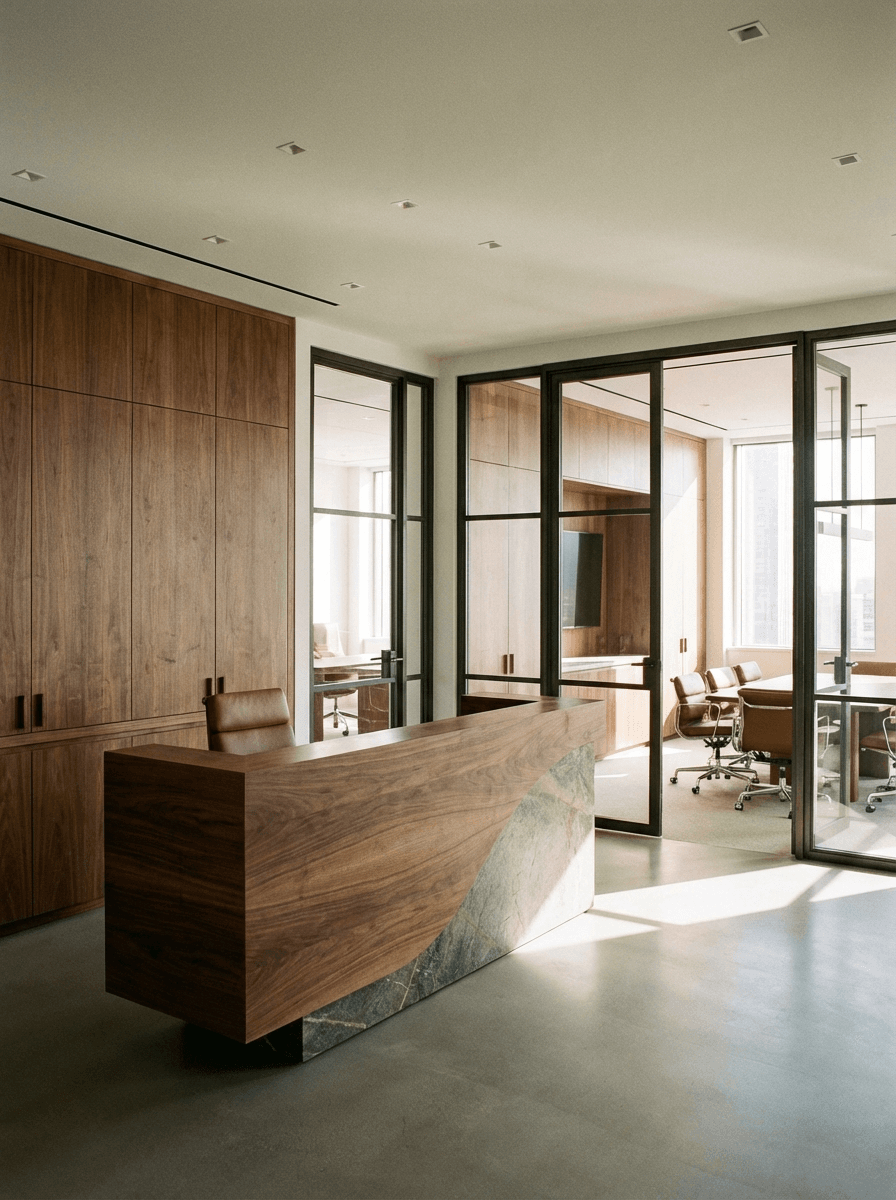 Corporate office with wooden cabinets and reception desk, professional business interior with glass doors in saskatoon