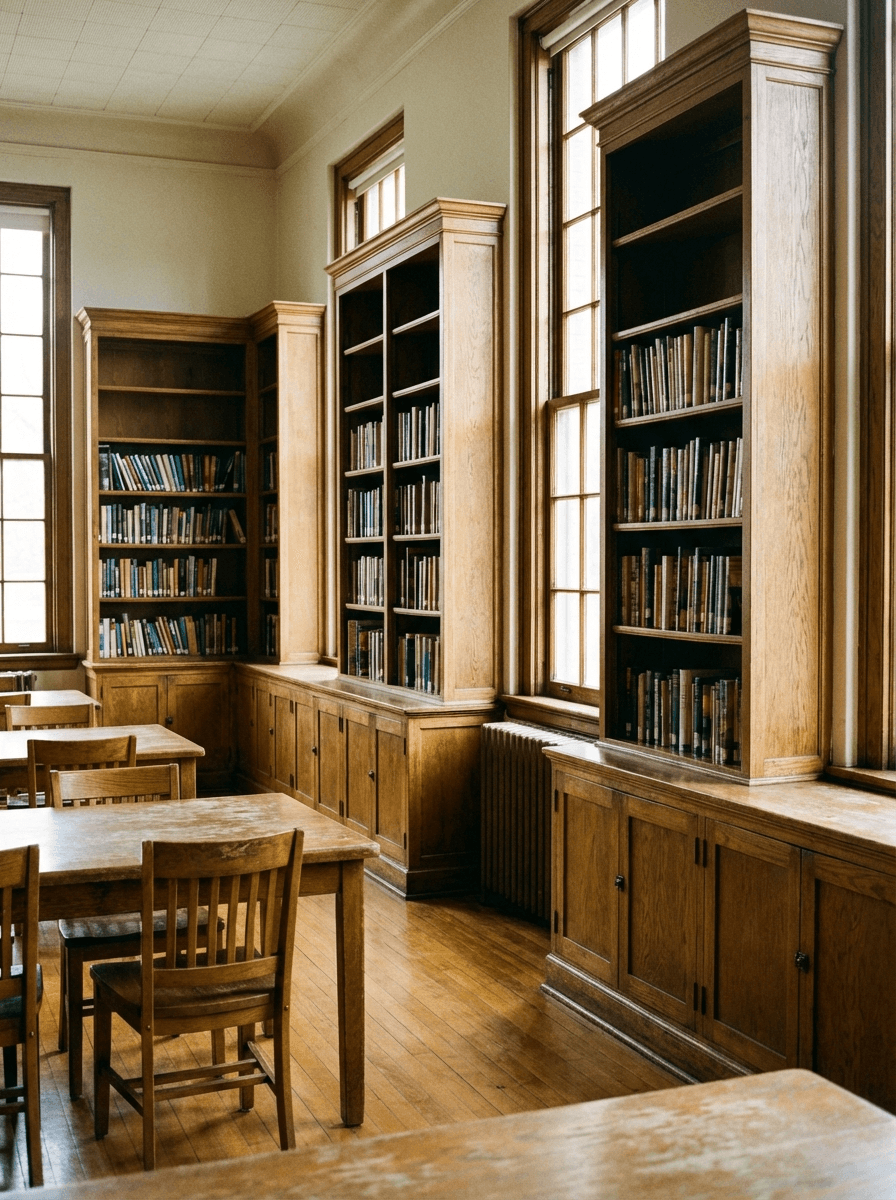 School library with wooden bookshelves and storage cabinets, educational facility interior with durable shelving in saskatoon