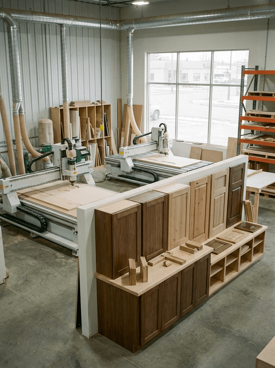 Saskatoon commercial millwork shop with wooden cabinet samples and CNC manufacturing equipment