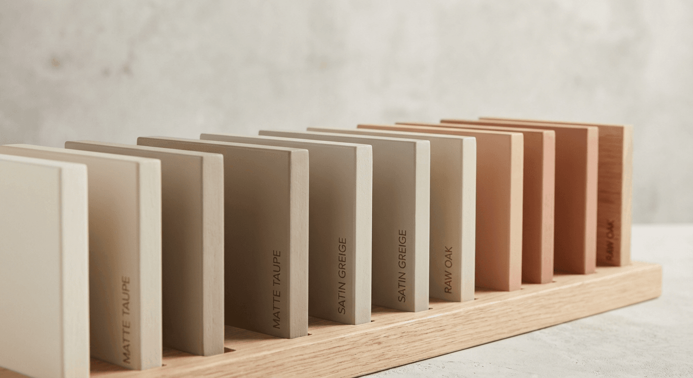 Low-VOC cabinet finish samples featuring water-based paint swatches in warm neutral tones, Saskatoon commercial millwork - Broadway Millwork