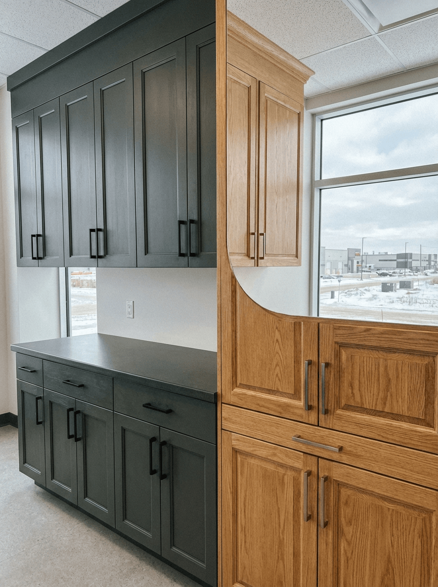 Paint vs Stain cabinet finishes Broadway Millwork Saskatoon Saskatchewan commercial painted vs stained modern office cabinetry