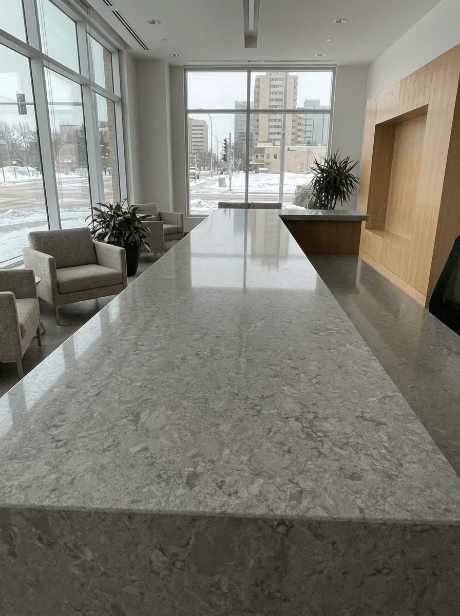 Premium quartz countertops in modern office lobby by Broadway Millwork in Saskatoon, SK