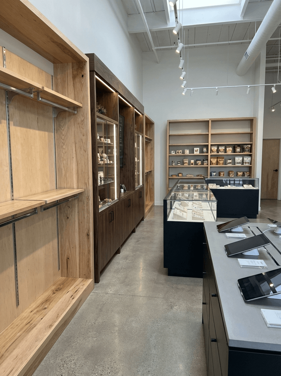 Multiple retail sector display fixtures in Saskatoon - boutiques, dispensaries, jewellery cases, food retail and electronics displays