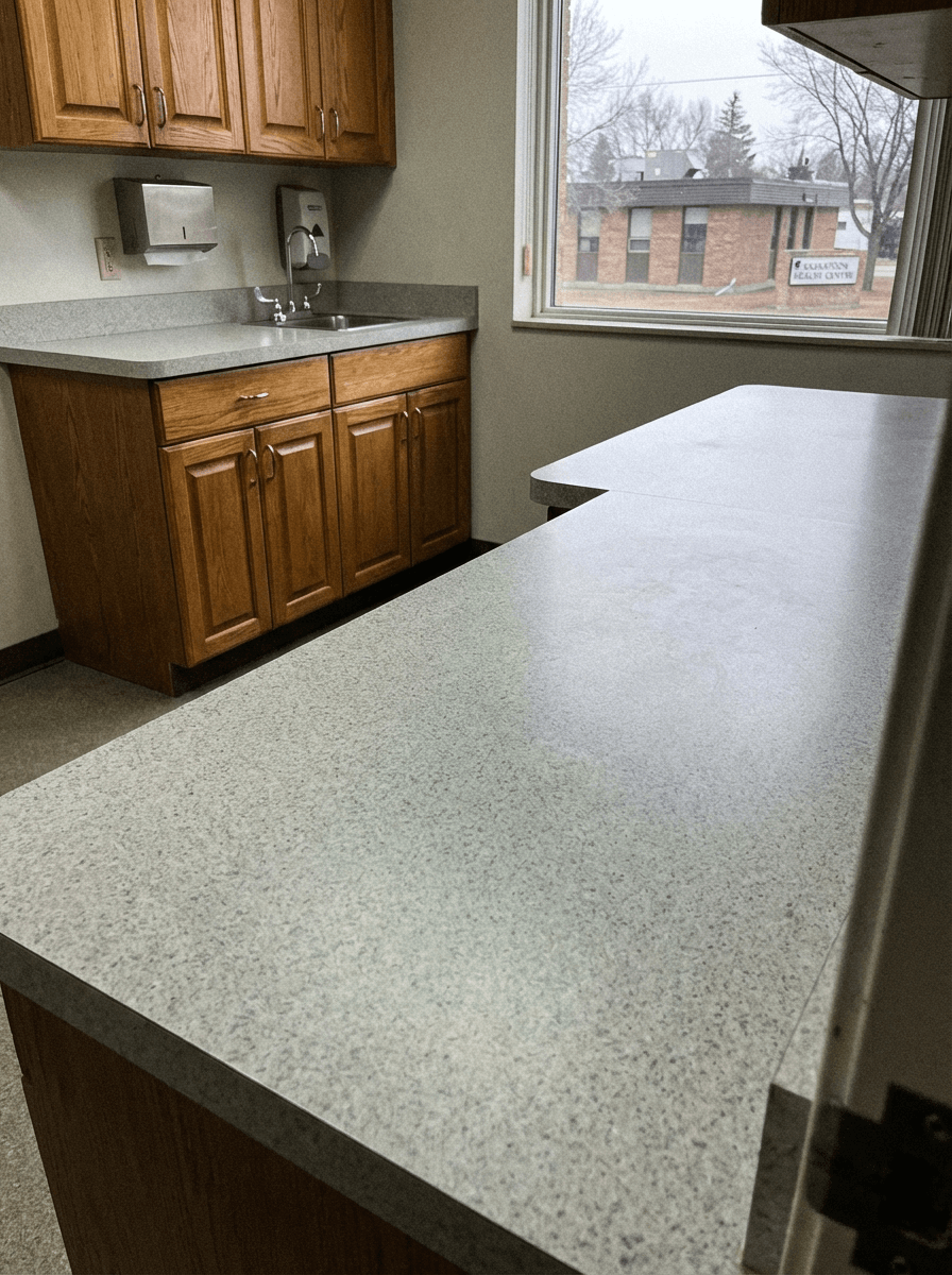 Solid surface countertops for commercial healthcare clinic applications by Broadway Millwork in Saskatoon, SK